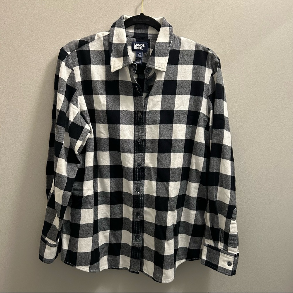 Lands' End Plaid Black and White Flannel
